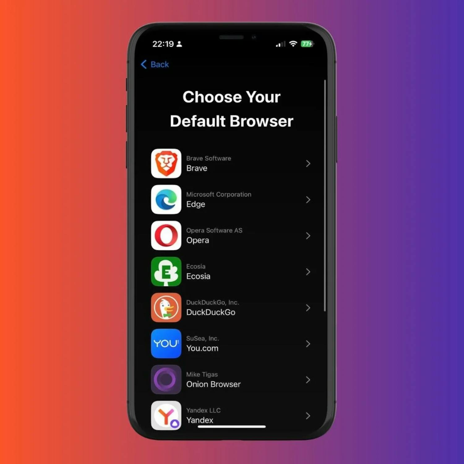 Browservalg: Denne skærm møder man i dag, når man indstiller en ny telefon eller nulstiller sin eksisterende. Her skal du træffe et valg om den browser, du ønsker at bruge på telefonen, og det har fået mange forbrugere til at vælge noget andet, end producentens standardbrowser.